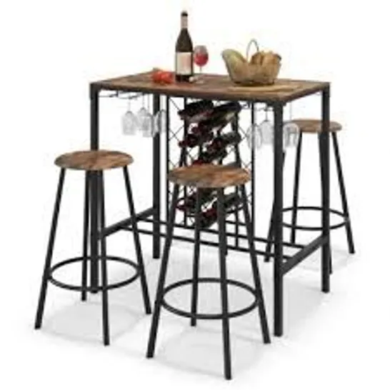 BOXED 5 PIECES BAR TABLE AND STOOLS SET WINE RACK AND GLASS HOLDER RUSTIC