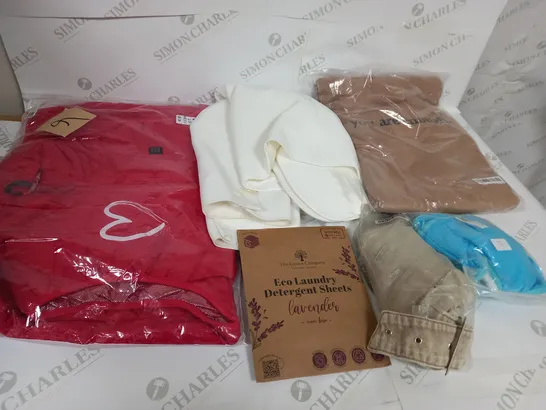 LARGE BOX OF ASSORTED CLOTHING ITEMS IN VARIOUS COLOURS AND SIZES INCLUDING TROUSERS , TOPS AND JUMPERS 