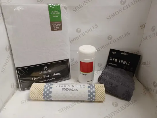 BOX OF APPROX 6 ITEMS TO INCLUDE FLANNEL FITTED SHEET, GRIPPER ROLL AND GYM TOWEL