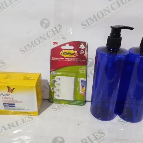 LOT OF APPROXIMATELY 10 ASSORTED HOUSEHOLD ITEMS TO INCLUDE SOAP DISPENSER BOTTLES, COMMAND SMALL PICTURE HANGING STRIPS, ABBOT FREESTYLE LIBRE 2 FLASH GLUCOSE MONITORING SYSTEM, ETC