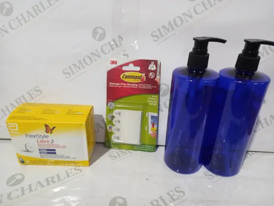 LOT OF APPROXIMATELY 10 ASSORTED HOUSEHOLD ITEMS TO INCLUDE SOAP DISPENSER BOTTLES, COMMAND SMALL PICTURE HANGING STRIPS, ABBOT FREESTYLE LIBRE 2 FLASH GLUCOSE MONITORING SYSTEM, ETC