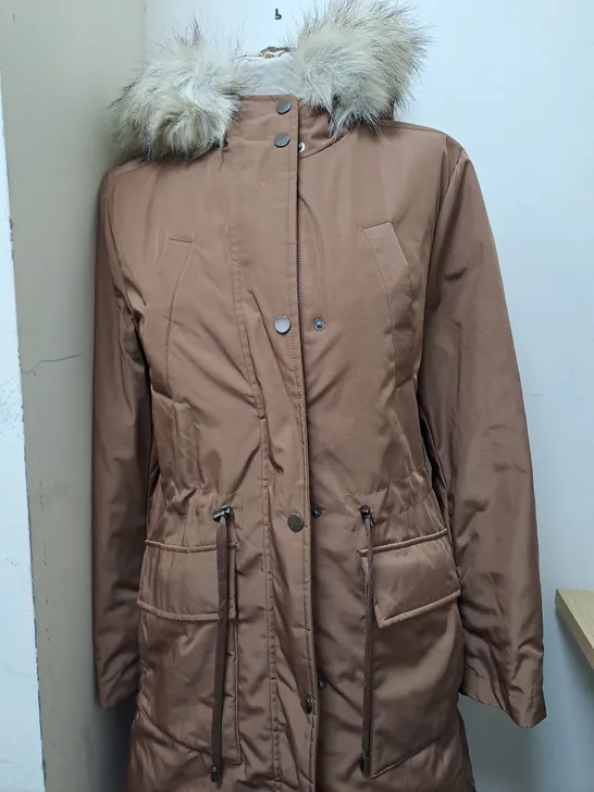 M&S PADDED TOFFEE COAT WITH FUR HOOD - SIZE 12