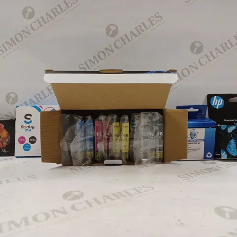 BOX OF APPROX 20 ASSORTED ITEMS TO INCLUDE - HP 953 INK CARTRIDGE - STINKY INK CYAN - TIMNK 16XL REPLACEMENT INK CARTRIDGES ECT