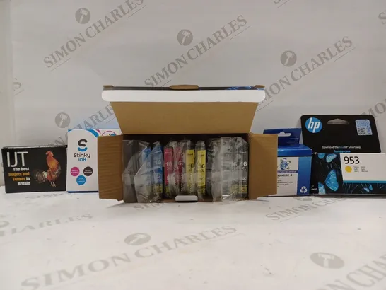 BOX OF APPROX 20 ASSORTED ITEMS TO INCLUDE - HP 953 INK CARTRIDGE - STINKY INK CYAN - TIMNK 16XL REPLACEMENT INK CARTRIDGES ECT