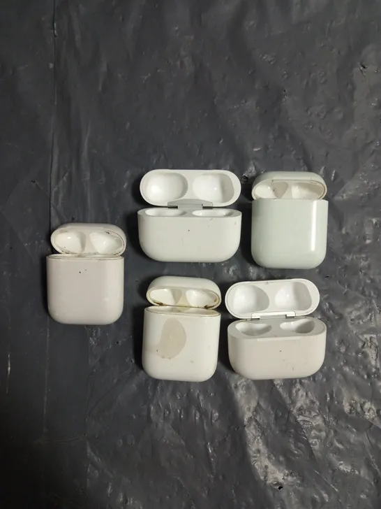 LOT OF 5 ASSORTED EMPTY APPLE AIRPODS CHARGING CASES TO INCLUDE A1602 1ST GEN, A2566 3RD GEN AND A2190 PRO IN WHITE