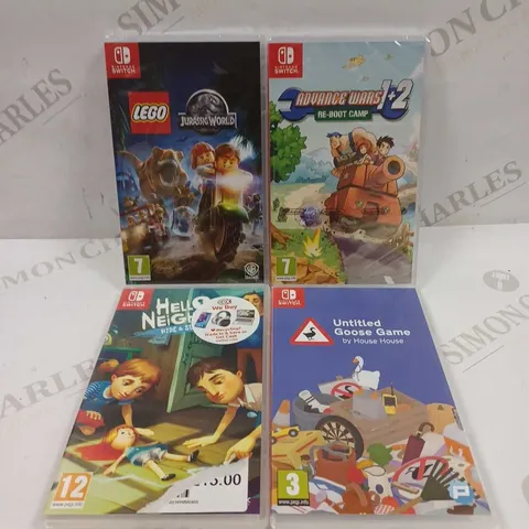 LOT TO CONTAIN 4 X ASSORTED NINTENDO SWITCH GAMES, INCLUDES LEGO JURASSIC WORLD, GOOSE GAME, ADVANCE WARS ETC 