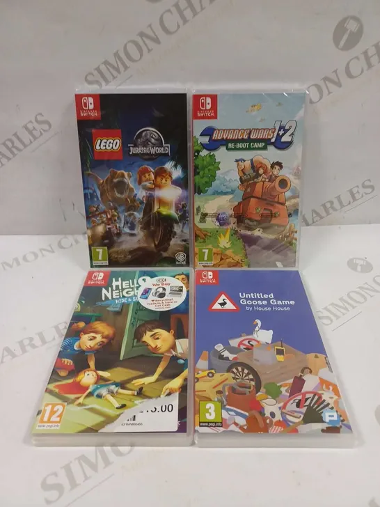 LOT TO CONTAIN 4 X ASSORTED NINTENDO SWITCH GAMES, INCLUDES LEGO JURASSIC WORLD, GOOSE GAME, ADVANCE WARS ETC 