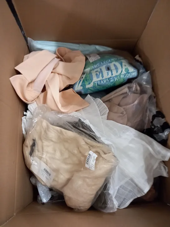 BOX OF ASSORTED CLOTHING ITEMS TOO INCLUDE JUMPERS, SHIRTS AND TROUSERS IN VARIOUS SIZES AND COLOURS   