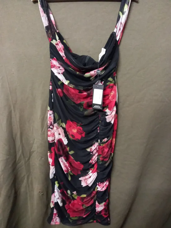 CLUB OF LONDON BLACK FLORAL RUCHED MESH BODYCON DRESS - UK 12