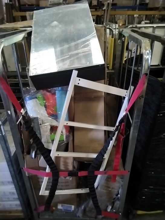 CAGE OF ASSORTED ITEMS TO INCLUDE MIRRORED BATHROOM WALL CABINET AND OFFICE CHAIR
