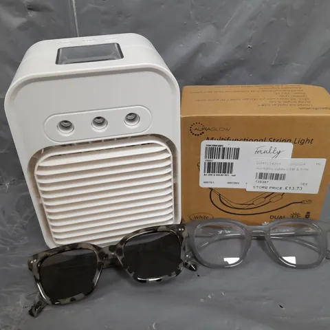 APPROXIMATELY 10 ASSORTED ITEMS TO INCLUDE GLASSES, COOLING FAN, MULTIFUNCTIONAL LIGHT, ETC