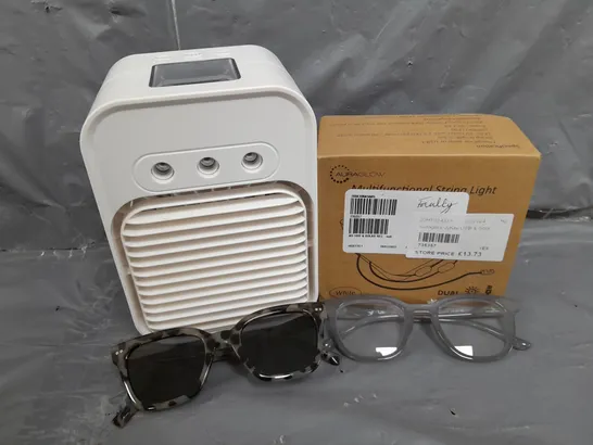 APPROXIMATELY 10 ASSORTED ITEMS TO INCLUDE GLASSES, COOLING FAN, MULTIFUNCTIONAL LIGHT, ETC