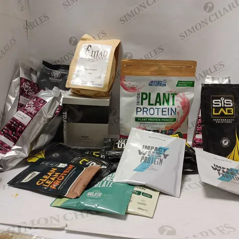 LOT OF APPROXMATELY 20 ITEMS TO INCLUDE CRITICAL PLANT PROTEIN POWDER STRAWBERRY (450g), MYPROTEIN IMPACT WHEY PROTEIN NATURAK VANILLA (25g), THE MAD MERCHANT ESPRESSO BEANS (227g), ETC