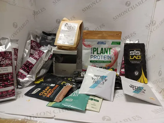 LOT OF APPROXMATELY 20 ITEMS TO INCLUDE CRITICAL PLANT PROTEIN POWDER STRAWBERRY (450g), MYPROTEIN IMPACT WHEY PROTEIN NATURAK VANILLA (25g), THE MAD MERCHANT ESPRESSO BEANS (227g), ETC