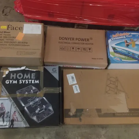 PALLET OF ASSORTED ITEMS INCLUDING FACELLE STAND MIXER, DONYER POWER ELECTRICAL CONVECTOR HEATER, INFLATABLE SWIMMING POOL, HOME GYM SYSTEM, STEP LADDER, GETFIT PREMIUM AIR BED