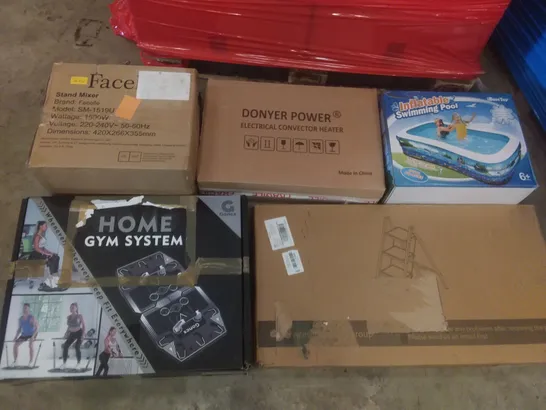 PALLET OF ASSORTED ITEMS INCLUDING FACELLE STAND MIXER, DONYER POWER ELECTRICAL CONVECTOR HEATER, INFLATABLE SWIMMING POOL, HOME GYM SYSTEM, STEP LADDER, GETFIT PREMIUM AIR BED