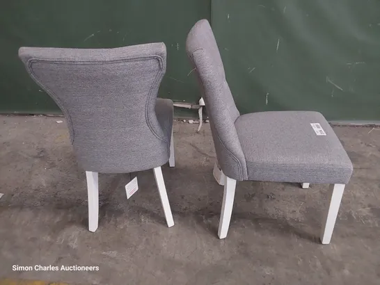 PAIR OF UPHOLSTERED BUTTONED BACK DINING CHAIRS GREY FABRIC ON WHITE PAINTED LEGS 