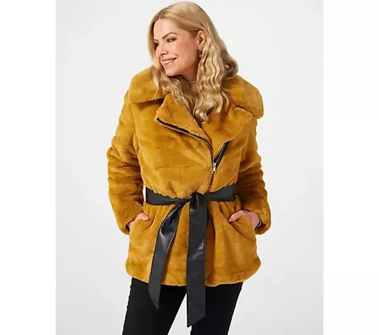 NUAGE FAUX FUR SHORT COAT WITH FAUX LEATHER BELT- LARGE