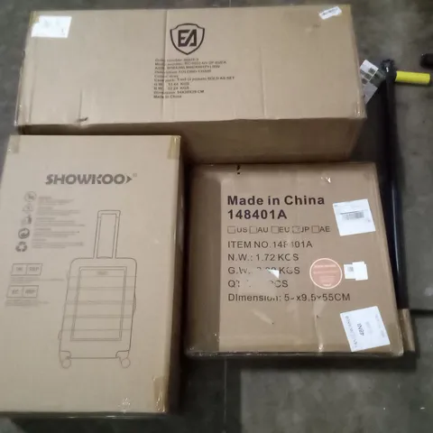 UNPROCESSED PALLET OF ASSORTED HOUSEHOLD GOODS TO INCLUDE OFFICE STOOL, GREY FOLDING CHAIR, AND FLOATING SHELVES 