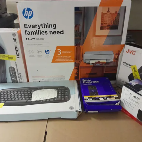 LOT OF APPROXIMATELY 13 ASSORTED TECH ITEMS TO INCLUDE ROKU EXPRESS, SHARP MICRO SYSTEM AND HP ENVY PRINTER