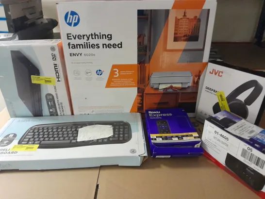 LOT OF APPROXIMATELY 13 ASSORTED TECH ITEMS TO INCLUDE ROKU EXPRESS, SHARP MICRO SYSTEM AND HP ENVY PRINTER