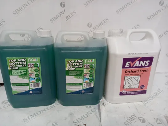 SET OF 3 ITEMS TO INCLUDE 2 X FLOW TOP AND BOTTOM TOILET FLUID & EVANS ORCHAD FRESH BODY WASH - COLLECTION ONLY