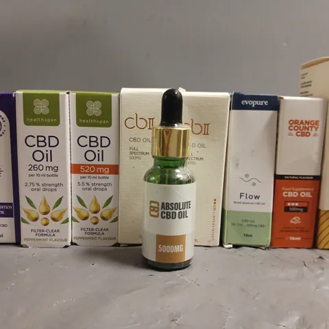 LOT OF 10 ASSORTED CBD OILS AND DROPS IN VARYING STRENGTHS AND SIZES