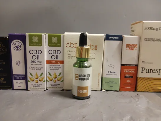 LOT OF 10 ASSORTED CBD OILS AND DROPS IN VARYING STRENGTHS AND SIZES