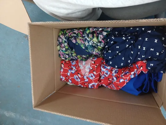 LARGE BOX OF ASSORTED CLOTHING ITEMS TOO INCLUDE TOPS , DRESSES AND BLAZERS COMING IN DIFFERENT COLOURS AND SIZES 