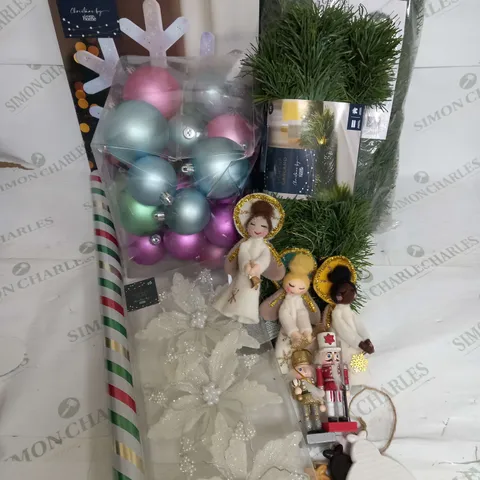 BOX OF APPROX 10 ASSORTED FESTIVE ITEMS TO SNOWFLAKE HANGING LIGHTS, LIGHT UP GARLAND, ANGEL TREE ORNAMENTS ETC