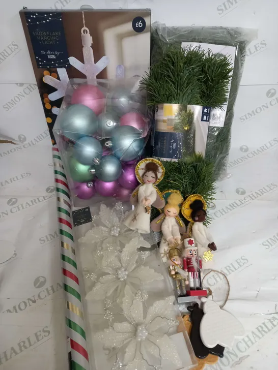 BOX OF APPROX 10 ASSORTED FESTIVE ITEMS TO SNOWFLAKE HANGING LIGHTS, LIGHT UP GARLAND, ANGEL TREE ORNAMENTS ETC