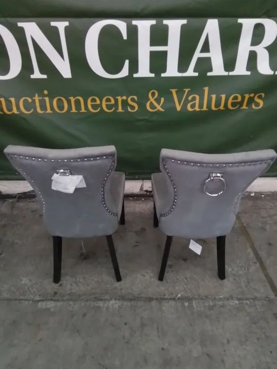 2 X DESIGNER LUXURY GREY FABRIC BUTTON BACK, STUDDED DINING CHAIRS 