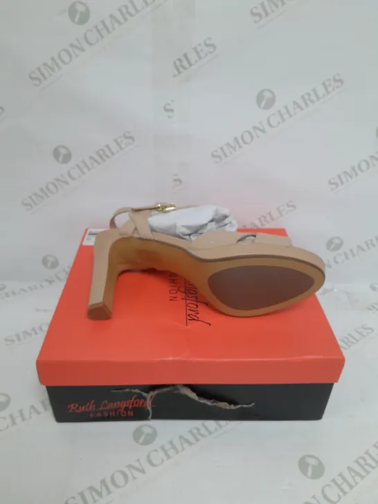 BOXED PAIR OF RUTH LANGSFORD HEELED SANDALS IN MATTE ALMOND SIZE 8