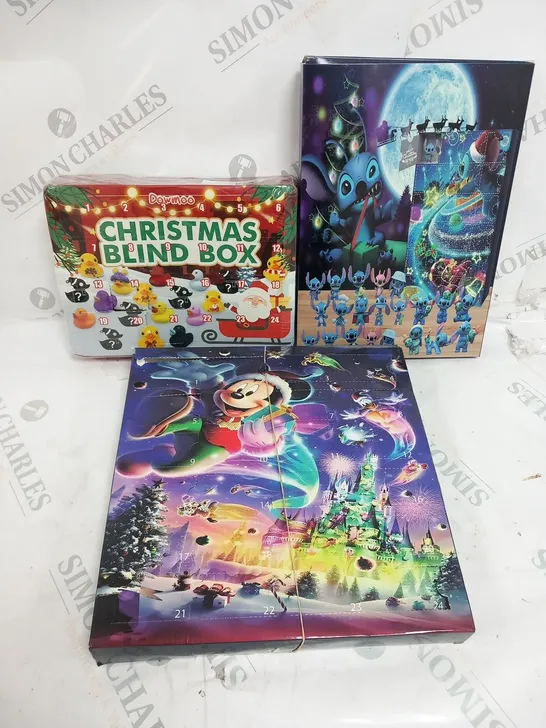 THREE ASSORTED ADVENT CALENDERS TO INCLUDE; MICKEY MOUSE, STITCH AND CHRISTMAS BLIND BOX