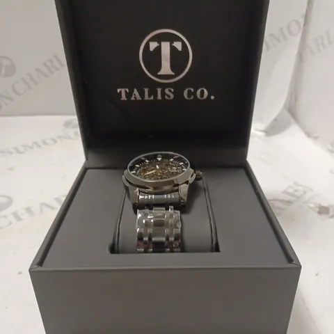 MEN’S TALIS CO 7820 AUTOMATIC WATCH – BLACK SKELETON DIAL AND CASE – STAINLESS STEEL STRAP – GLASS BACKCASE