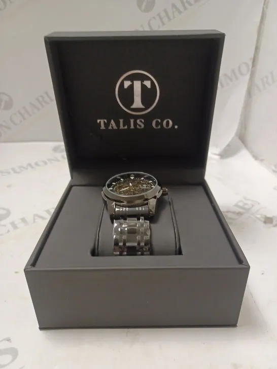 MEN’S TALIS CO 7820 AUTOMATIC WATCH – BLACK SKELETON DIAL AND CASE – STAINLESS STEEL STRAP – GLASS BACKCASE