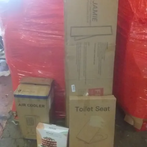 PALLET OF ASSORTED ITEMS INCLUDING TOILET SEAT, FULL LENGTH FLOOR MIRROR, AIR COOLER, CAKE DECORATING KIT