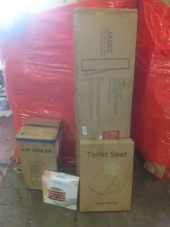 PALLET OF ASSORTED ITEMS INCLUDING TOILET SEAT, FULL LENGTH FLOOR MIRROR, AIR COOLER, CAKE DECORATING KIT