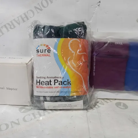 BOX OF APPROXIMATELY 15 ASSORTED HOUSEHOLD ITEMS TO INCLUDE HOTER SWEATBAND, SURE THERMAL HEAT PACK, UNIVERSAL ADAPTER ETC