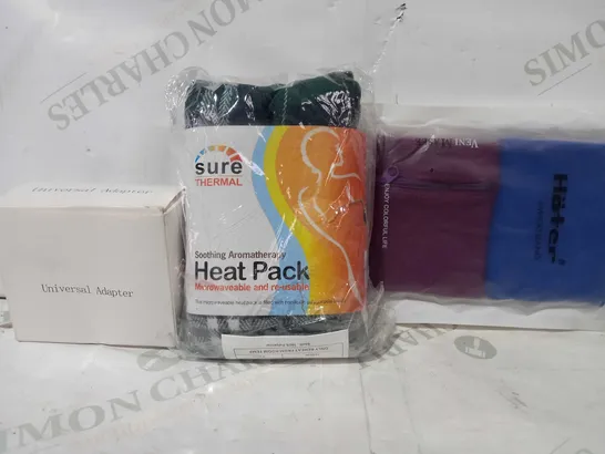 BOX OF APPROXIMATELY 15 ASSORTED HOUSEHOLD ITEMS TO INCLUDE HOTER SWEATBAND, SURE THERMAL HEAT PACK, UNIVERSAL ADAPTER ETC