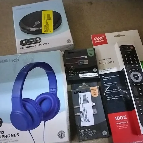 BOX OF ASSORTED ELECTRICAL ITEMS INCLUDING PERSONAL CD PLAYER, WIRED HEADPHONES, SYNC AND CHARGE CABLE, MICRO USB-A CABLE AND UNIVERSAL REMOTE CONTROL