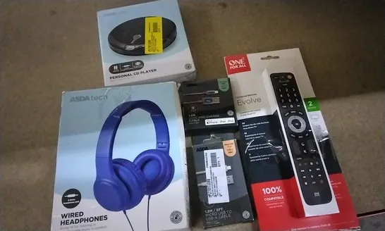 BOX OF ASSORTED ELECTRICAL ITEMS INCLUDING PERSONAL CD PLAYER, WIRED HEADPHONES, SYNC AND CHARGE CABLE, MICRO USB-A CABLE AND UNIVERSAL REMOTE CONTROL