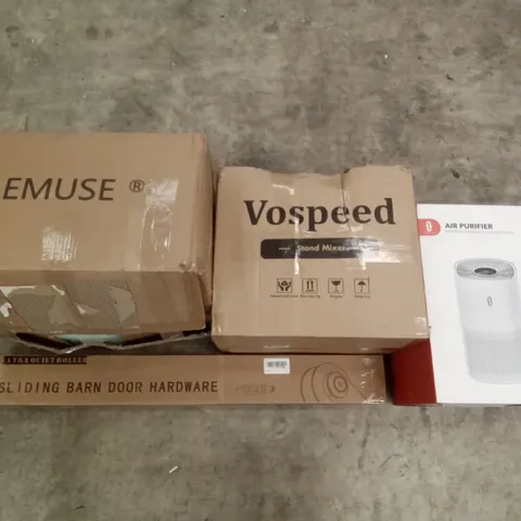 PALLET OF ASSORTED ITEMS INCLUDING VOSPEED STAND MIXER, AIR PURIFIER, ELEMUSE MATTRESS TOPPER, SLIDING BARN DOOR HARDWARE, MONCOOK DOUBLE AIR FRYER, SPACE HEATER