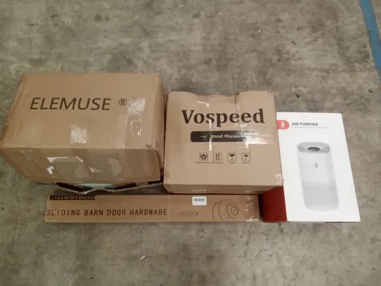 PALLET OF ASSORTED ITEMS INCLUDING VOSPEED STAND MIXER, AIR PURIFIER, ELEMUSE MATTRESS TOPPER, SLIDING BARN DOOR HARDWARE, MONCOOK DOUBLE AIR FRYER, SPACE HEATER