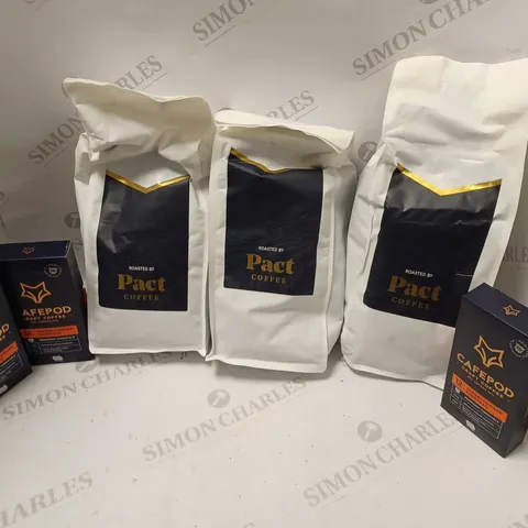 LOT OF APPROXMATELY 6 ITEMS TO INCLUDE 3 PACT COFFEE BOURBON CREAM ESPRESSO - BUSINESS DARK (1KG), 3 CAFEPOD CRAFT COFFEE 12 SUPERCHARGER ESPRESSO (10x)