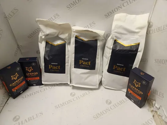 LOT OF APPROXMATELY 6 ITEMS TO INCLUDE 3 PACT COFFEE BOURBON CREAM ESPRESSO - BUSINESS DARK (1KG), 3 CAFEPOD CRAFT COFFEE 12 SUPERCHARGER ESPRESSO (10x)