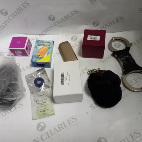 LOT OF APPROX 10 ASSORTED ADULT ITEMS TO INCLUDE CUFFS, COCK RINGS, BALL STRETCHER ETC