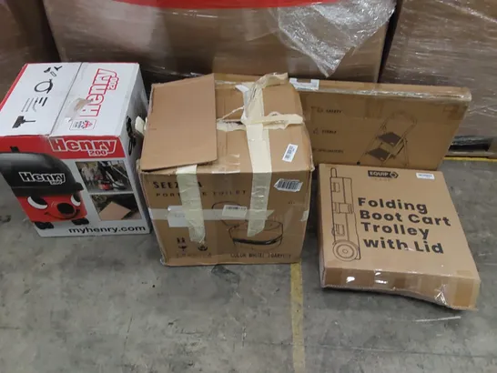 PALLET OF ASSORTED ITEMS INCLUDING: HENRY HOOVER. PORTABLE TOILET SEAT, CAR BOOT TROLLEY, STEP LADDER