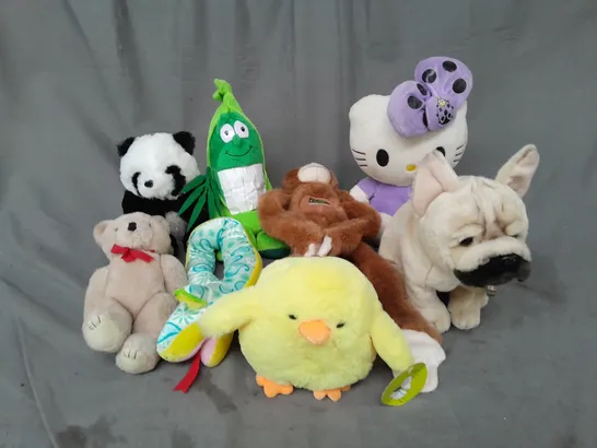 BOX OF ASSORTED PLUSH SOFT TEDDIES TO INCLUDE HELLO KITTY, FRENCH BULLDOG AND PLUSH CHICK