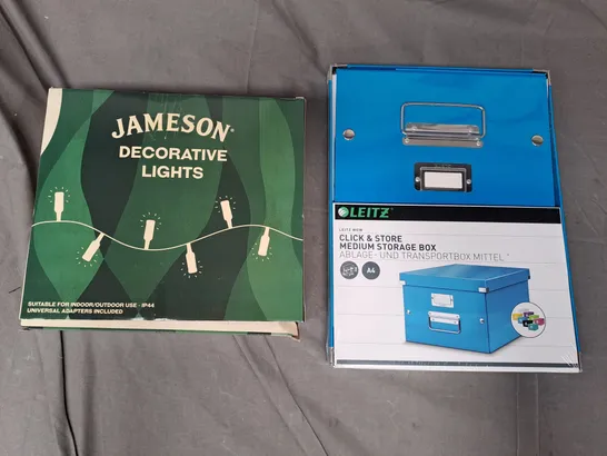 BOX OF APPROXIMATELY 10 ASSORTED HOUSEHOLD ITEMS TO INCLUDE JAMESON DECORATIVE LIGHTS, CLICK & STORE MEDIUM STORAGE BOX, ETC